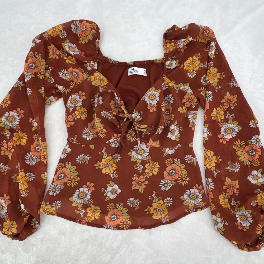 Hollister Rust Brown Floral Tie Front Long Sleeve Boho Top Blouse Wms Size Small